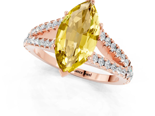 Rose gold Marquise Cut Yellow Sapphire Split Shank Engagement Ring with Round Pavé and Prong Setting