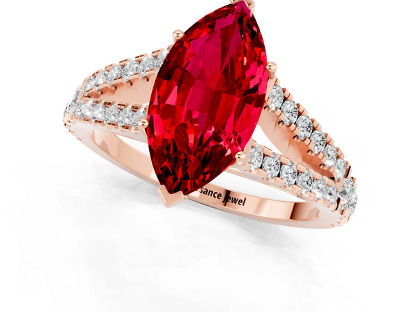 Rose gold Marquise Cut Ruby Split Shank Engagement Ring with Round Pavé and Prong Setting