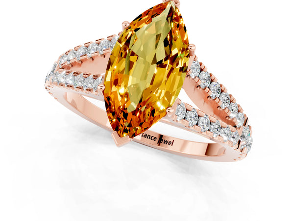 Rose gold Marquise Cut Citrine Split Shank Engagement Ring with Round Pavé and Prong Setting
