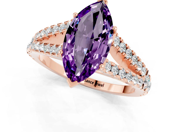 Rose gold Marquise Cut Amethyst Split Shank Engagement Ring with Round Pavé and Prong Setting