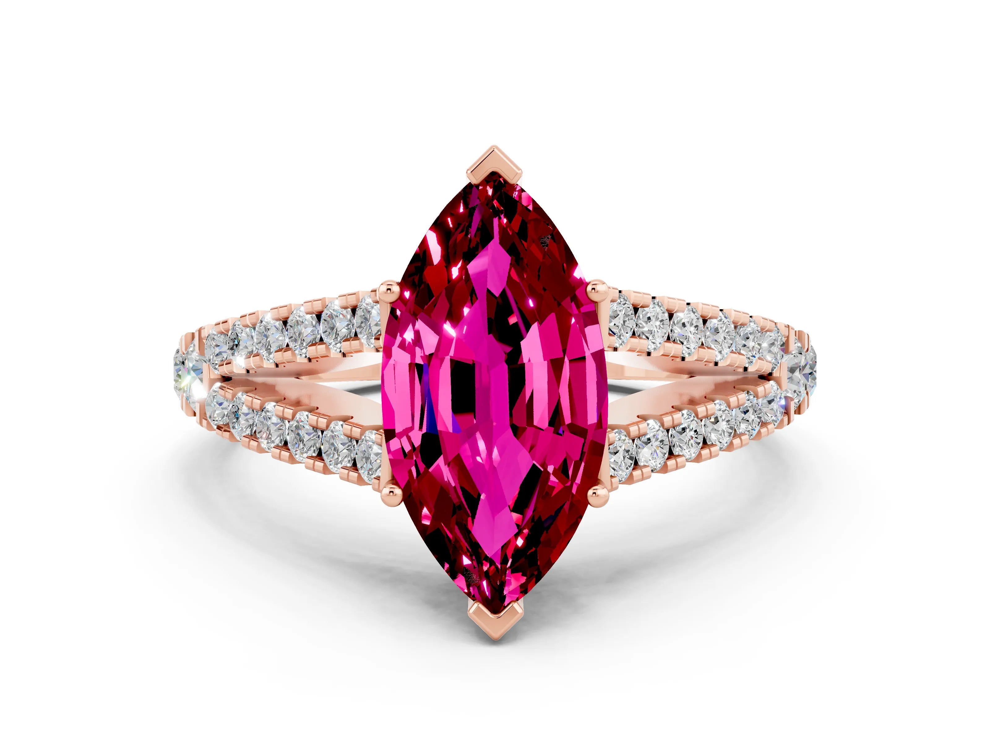 Rose gold Marquise Cut Cut Split Shank Pave Diamond Engagement Ring with Four-Prong Setting
