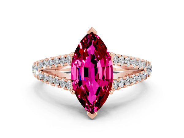 Rose gold Marquise Cut Garnet Split Shank Engagement Ring with Round Pavé and Prong Setting