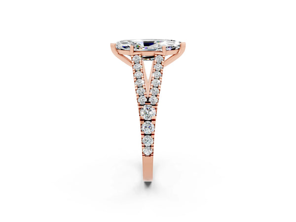Rose gold Marquise Cut Moissanite Split Shank Engagement Ring with Round Pavé and Prong Setting