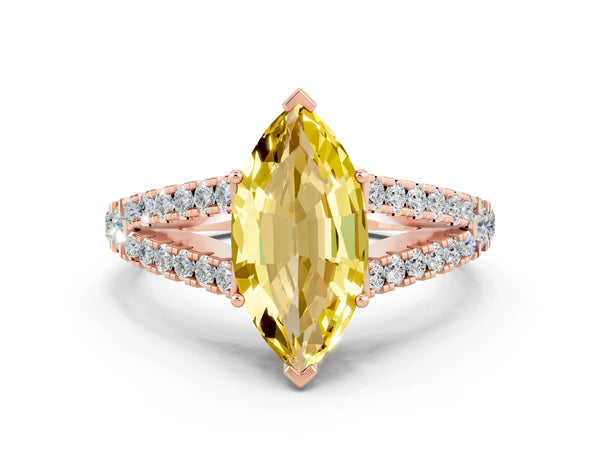 Rose gold Marquise Cut Yellow Sapphire Split Shank Engagement Ring with Round Pavé and Prong Setting