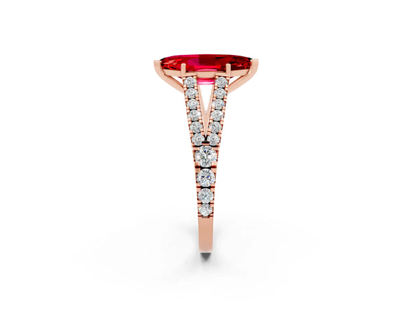 Rose gold Marquise Cut Ruby Split Shank Engagement Ring with Round Pavé and Prong Setting