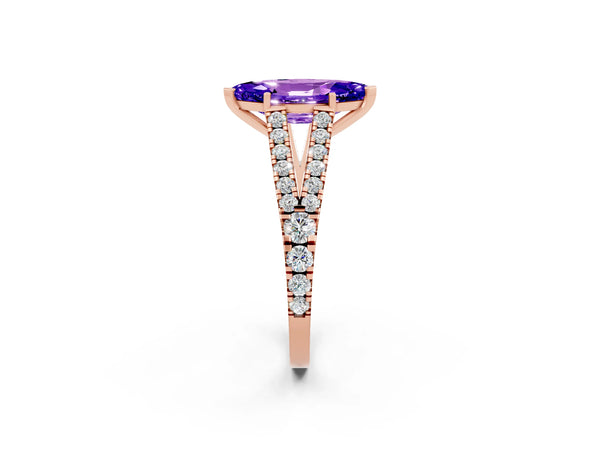 Rose gold Marquise Cut Tanzanite Split Shank Engagement Ring with Round Pavé and Prong Setting