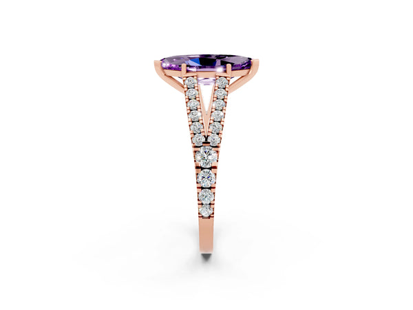 Rose gold Marquise Cut Amethyst Split Shank Engagement Ring with Round Pavé and Prong Setting
