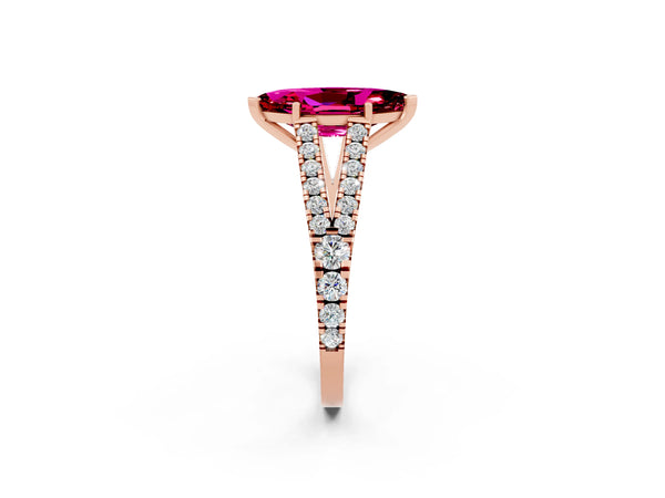Rose gold Marquise Cut Garnet Split Shank Engagement Ring with Round Pavé and Prong Setting