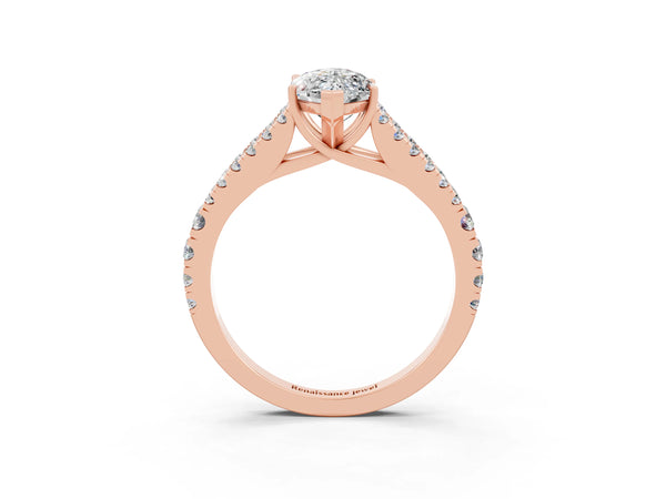 Rose gold Marquise Cut Moissanite Split Shank Engagement Ring with Round Pavé and Prong Setting