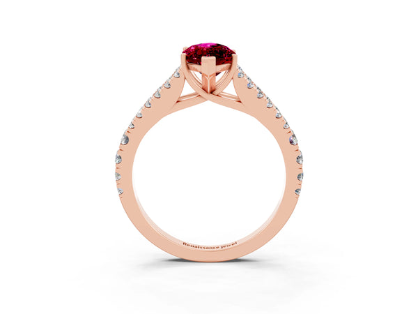 Rose gold Marquise Cut Garnet Split Shank Engagement Ring with Round Pavé and Prong Setting