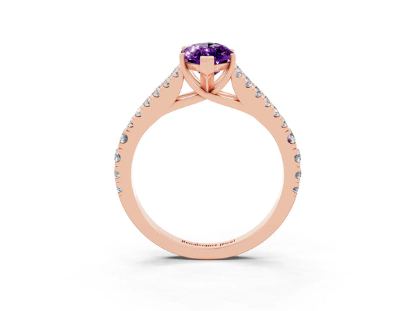 Rose gold Marquise Cut Amethyst Split Shank Engagement Ring with Round Pavé and Prong Setting