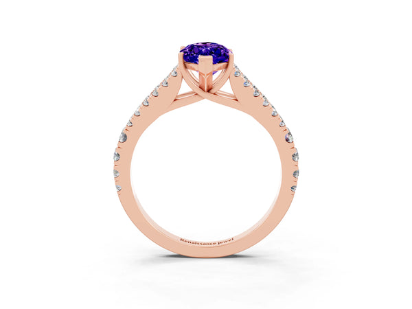 Rose gold Marquise Cut Tanzanite Split Shank Engagement Ring with Round Pavé and Prong Setting