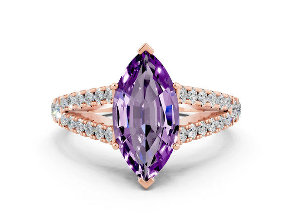 Rose gold Marquise Cut Amethyst Split Shank Engagement Ring with Round Pavé and Prong Setting