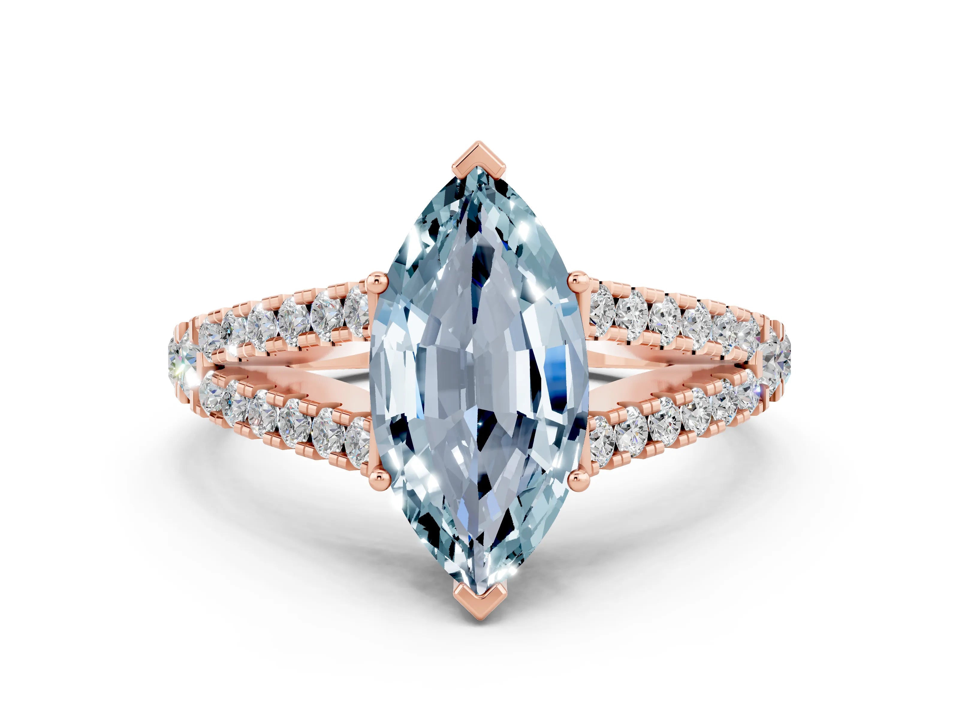 Rose gold Marquise Cut Cut Split Shank Pave Diamond Engagement Ring with Four-Prong Setting