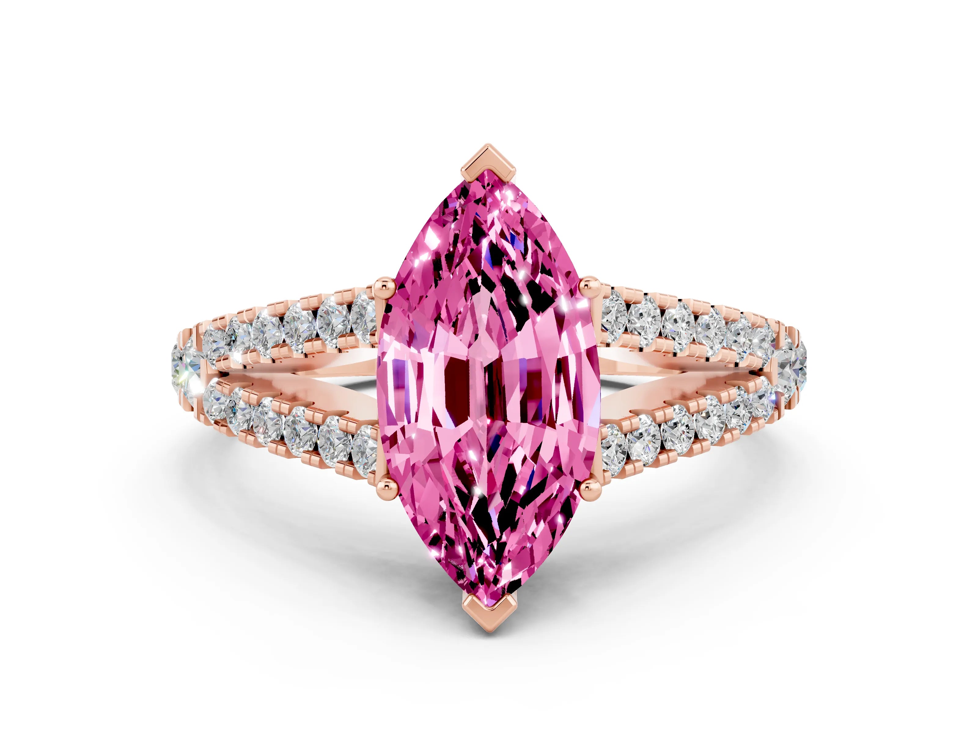 Rose gold Marquise Cut Cut Split Shank Pave Diamond Engagement Ring with Four-Prong Setting