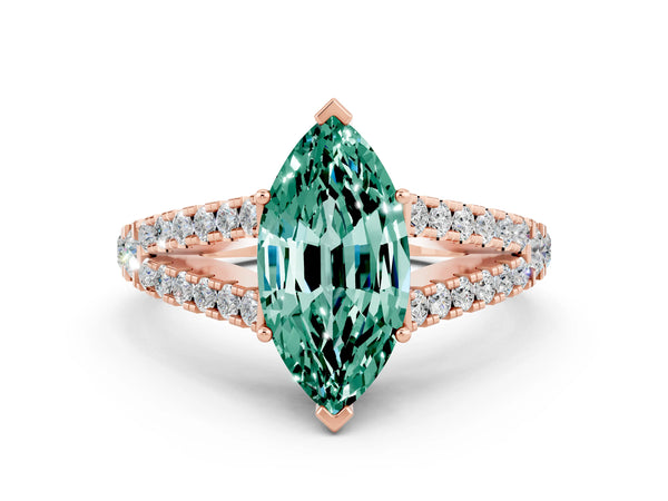 Rose gold Marquise Cut Green Sapphire Split Shank Engagement Ring with Round Pavé and Prong Setting