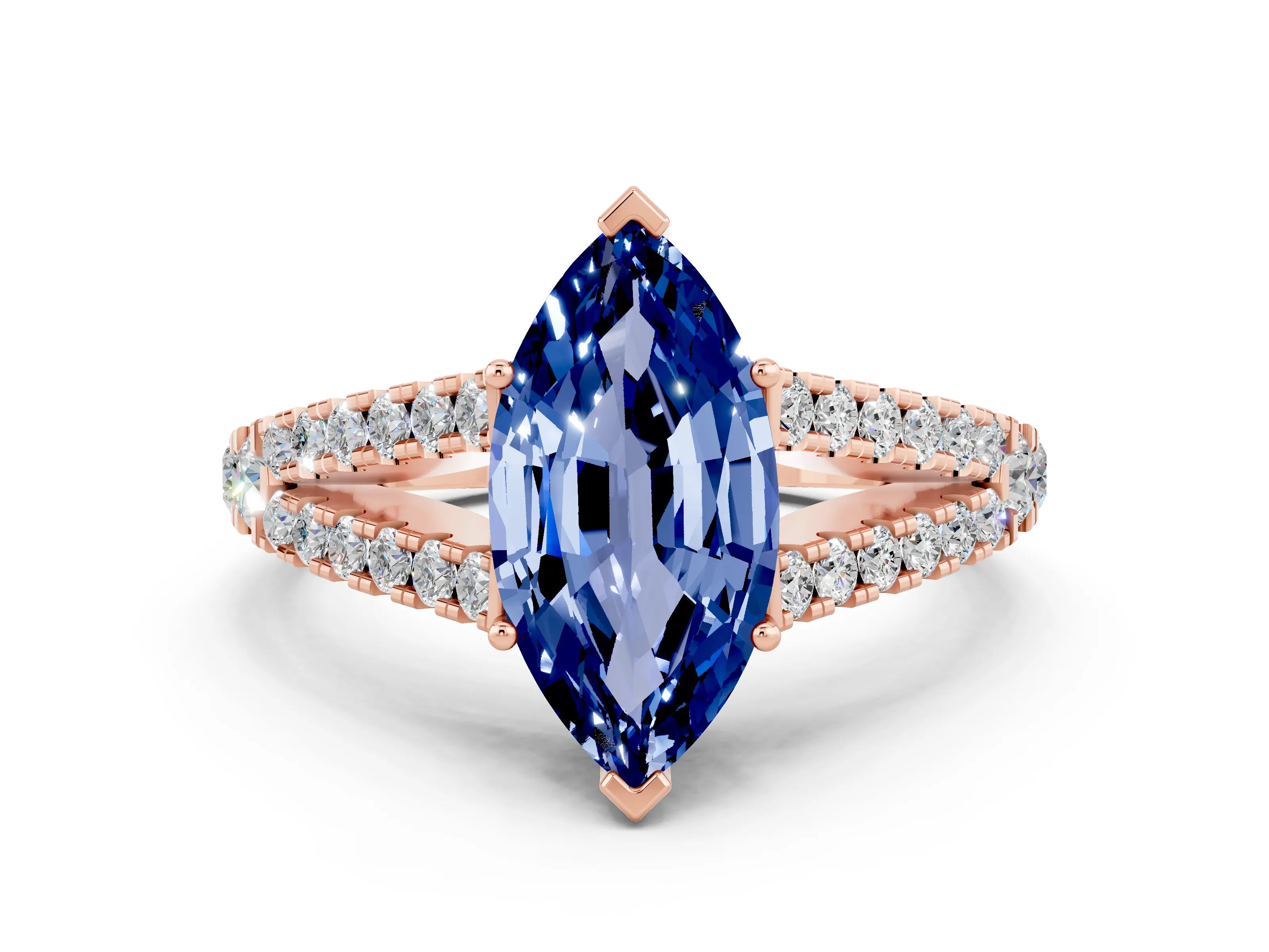 Rose gold Marquise Cut Cut Split Shank Pave Diamond Engagement Ring with Four-Prong Setting