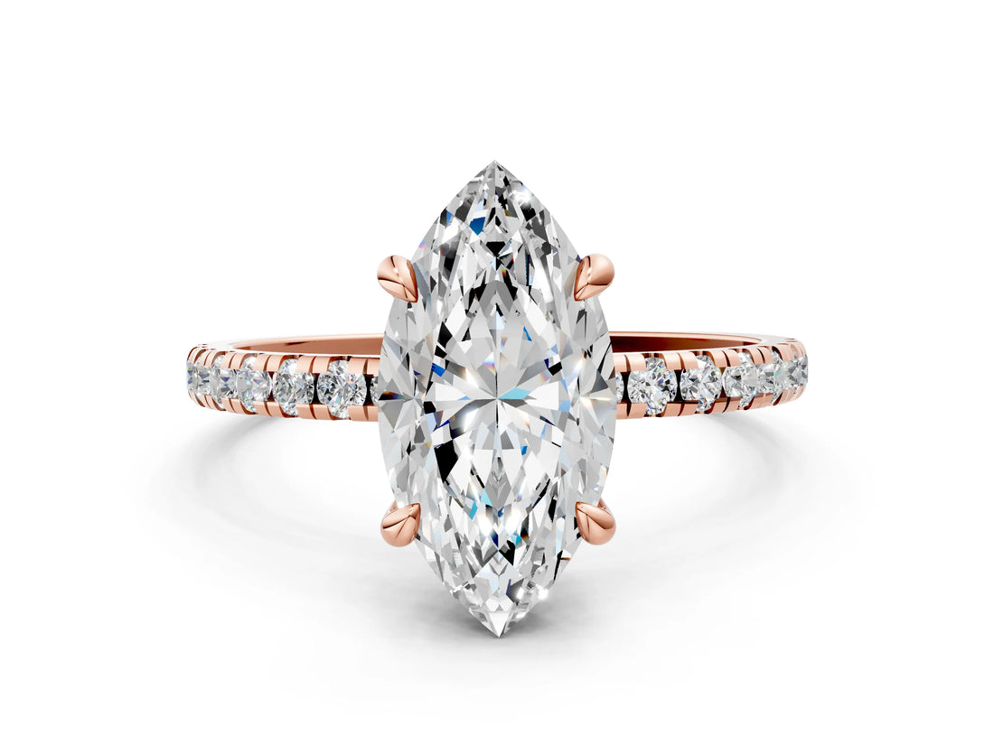 Rose gold Marquise Cut Diamond Brilliant Solitaire Ring with Pavé Band and Four-Prong Setting_15