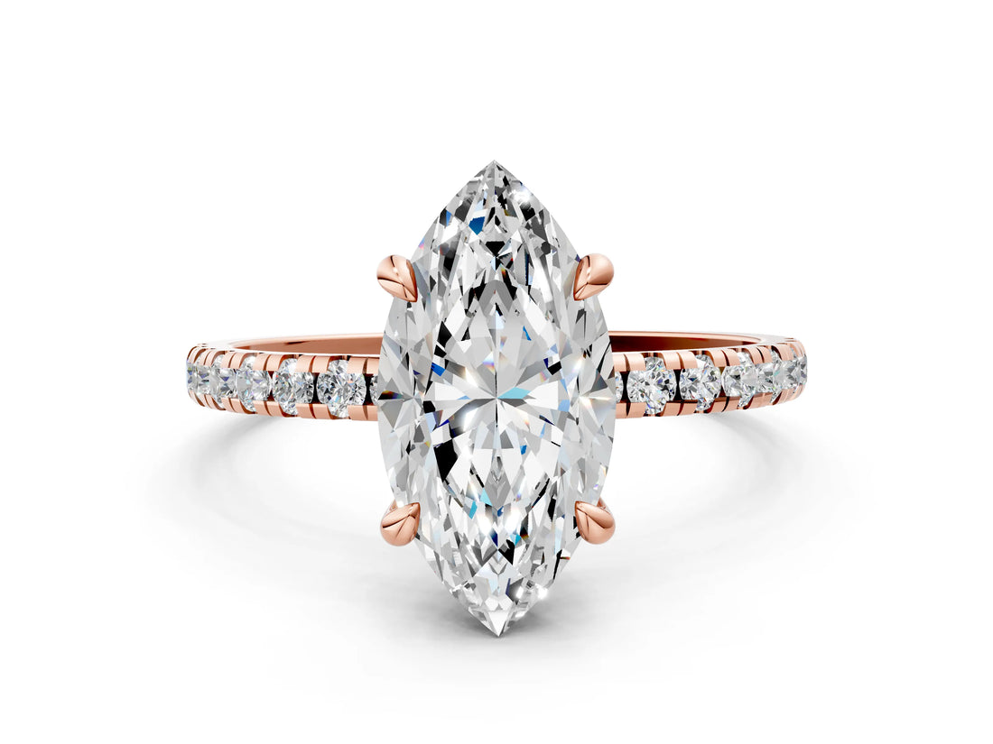 Rose gold Marquise Cut Diamond Brilliant Solitaire Ring with Pavé Band and Four-Prong Setting_173