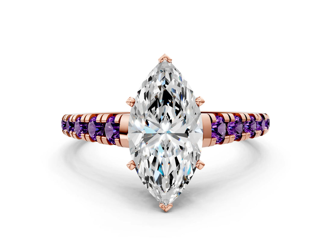 Rose gold Marquise Cut Diamond Cathedral Solitaire Ring with Round with Amethyst side stone Pavé Band_12