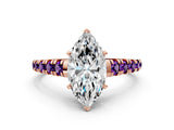 Rose gold Marquise Cut Diamond Cathedral Solitaire Ring with Round with Amethyst side stone Pavé Band_12