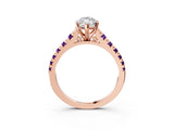 Rose gold Marquise Cut Diamond Cathedral Solitaire Ring with Round with Amethyst side stone Pavé Band_15