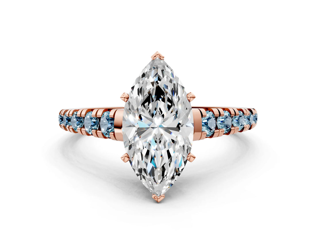 Rose gold Marquise Cut Diamond Cathedral Solitaire Ring with Round with Aquamarine side stone Pavé Band_12
