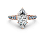 Rose gold Marquise Cut Diamond Cathedral Solitaire Ring with Round with Aquamarine side stone Pavé Band_12