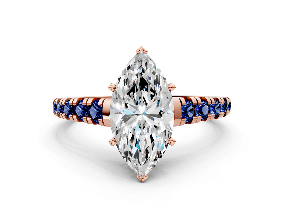Rose gold Marquise Cut Diamond Cathedral Solitaire Ring with Round with Blue Sapphire side stone Pavé Band_12