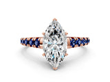 Rose gold Marquise Cut Diamond Cathedral Solitaire Ring with Round with Blue Sapphire side stone Pavé Band_12