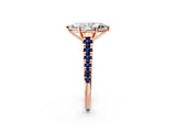 Rose gold Marquise Cut Diamond Cathedral Solitaire Ring with Round with Blue Sapphire side stone Pavé Band_14