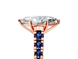 Rose gold Marquise Cut Diamond Cathedral Solitaire Ring with Round with Blue Sapphire side stone Pavé Band_17