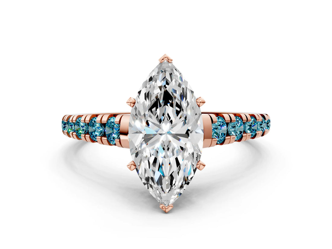 Rose gold Marquise Cut Diamond Cathedral Solitaire Ring with Round with Blue Topaz side stone Pavé Band