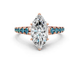 Rose gold Marquise Cut Diamond Cathedral Solitaire Ring with Round with Blue Topaz side stone Pavé Band