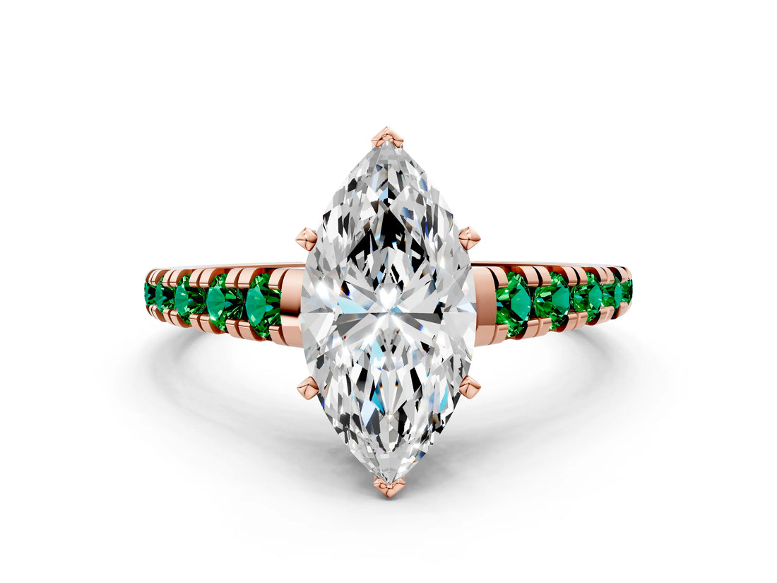 Rose gold Marquise Cut Diamond Cathedral Solitaire Ring with Round with Emerald side stone Pavé Band