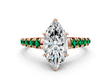 Rose gold Marquise Cut Diamond Cathedral Solitaire Ring with Round with Emerald side stone Pavé Band