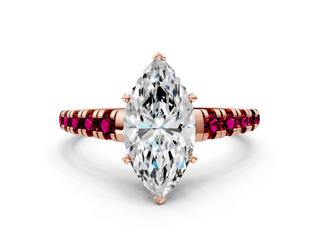 Rose gold Marquise Cut Diamond Cathedral Solitaire Ring with Round with Garnet side stone Pavé Band_12