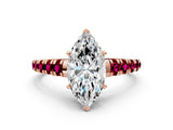 Rose gold Marquise Cut Diamond Cathedral Solitaire Ring with Round with Garnet side stone Pavé Band_12