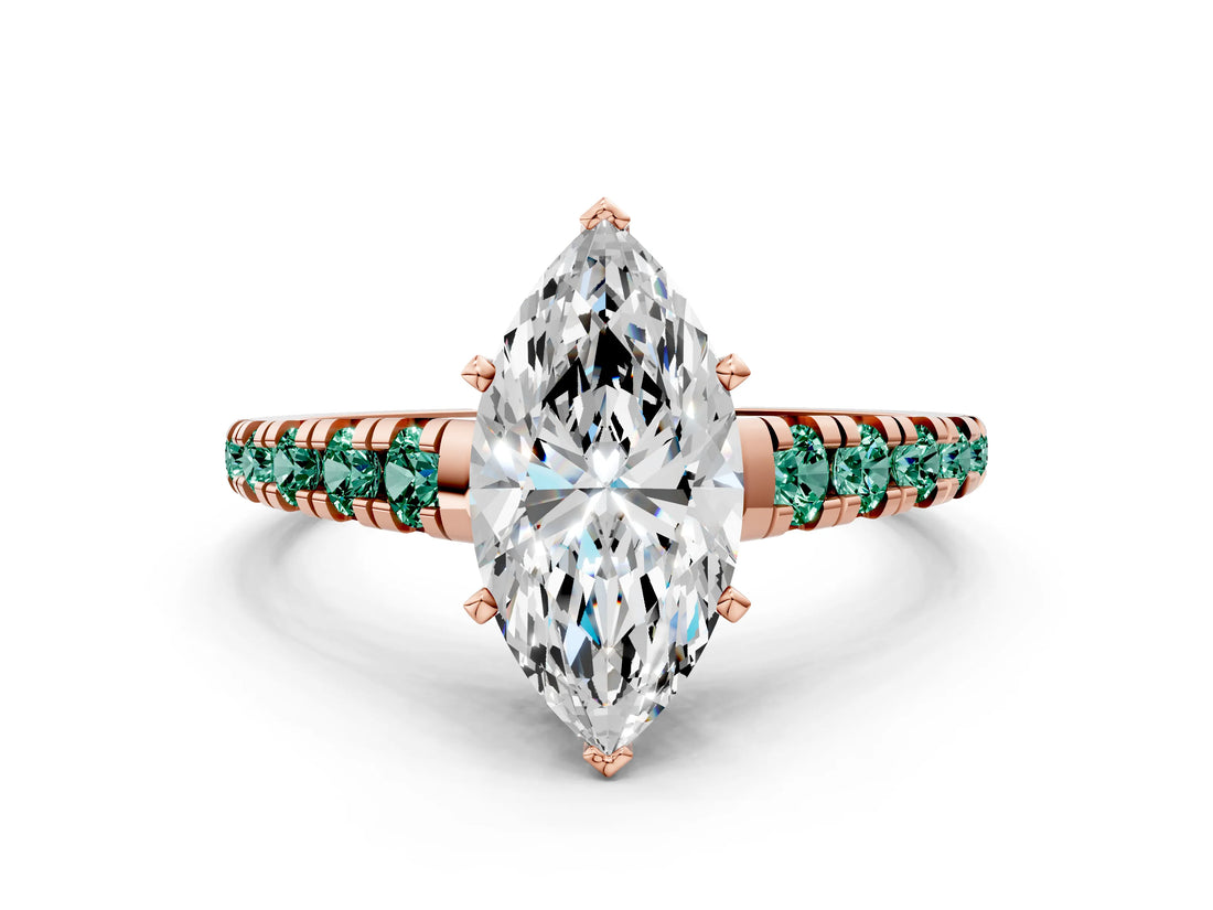 Rose gold Marquise Cut Diamond Cathedral Solitaire Ring with Round with Green Sapphire side stone Pavé Band_12