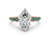 Rose gold Marquise Cut Diamond Cathedral Solitaire Ring with Round with Green Sapphire side stone Pavé Band_12