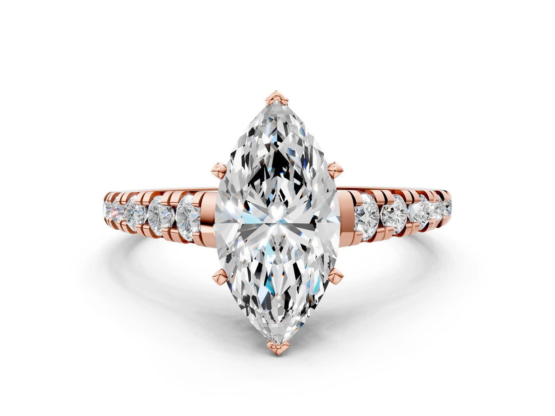 Rose gold Marquise Cut Diamond Cathedral Solitaire Ring with Round with Moissanite side stone Pavé Band_24