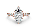 Rose gold Marquise Cut Diamond Cathedral Solitaire Ring with Round with Moissanite side stone Pavé Band_24
