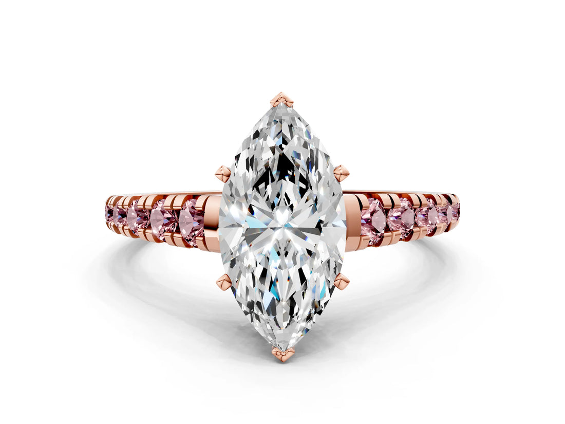 Rose gold Marquise Cut Diamond Cathedral Solitaire Ring with Round with Morganite side stone Pavé Band_12
