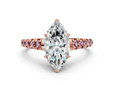 Rose gold Marquise Cut Diamond Cathedral Solitaire Ring with Round with Morganite side stone Pavé Band_12