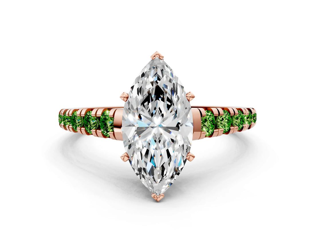 Rose gold Marquise Cut Diamond Cathedral Solitaire Ring with Round with Peridot side stone Pavé Band