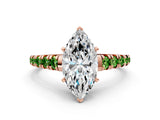 Rose gold Marquise Cut Diamond Cathedral Solitaire Ring with Round with Peridot side stone Pavé Band