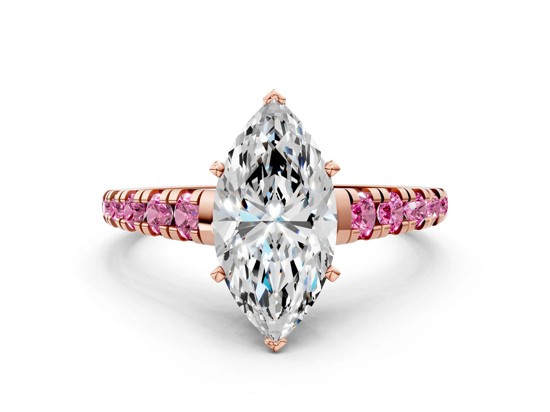 Rose gold Marquise Cut Diamond Cathedral Solitaire Ring with Round with Pink Sapphire side stone Pavé Band_12
