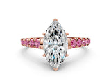 Rose gold Marquise Cut Diamond Cathedral Solitaire Ring with Round with Pink Sapphire side stone Pavé Band_12