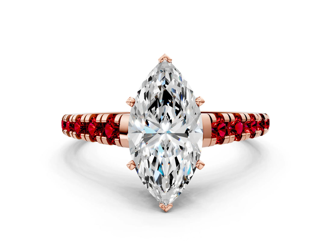 Rose gold Marquise Cut Diamond Cathedral Solitaire Ring with Round with Ruby side stone Pavé Band_44