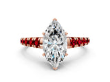 Rose gold Marquise Cut Diamond Cathedral Solitaire Ring with Round with Ruby side stone Pavé Band_44